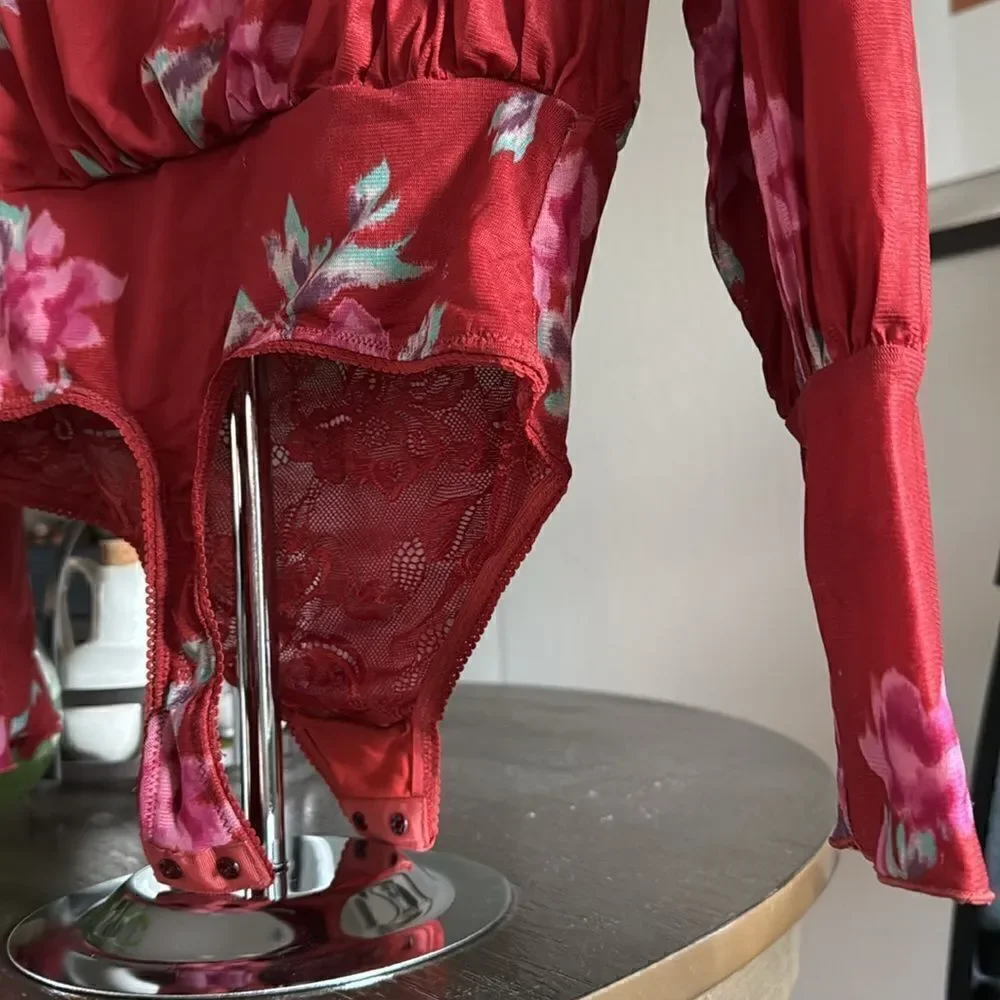 NWOT Free People Undercover Bodysuit XS Floral Thong Off Shoulder Long Sleeve
